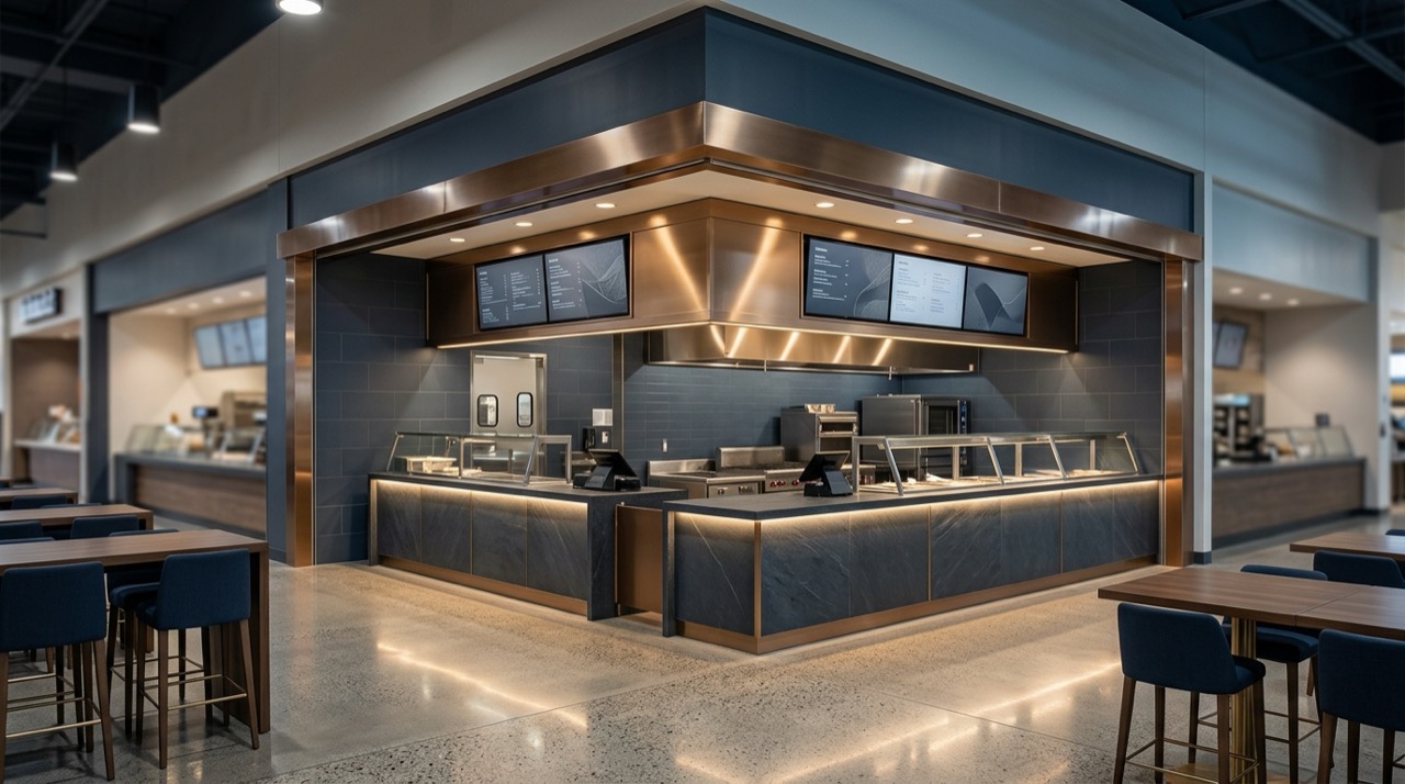 A branded quick-service franchise storefront inside an exchange food court on a military installation